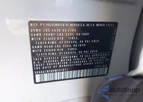 2023 Volkswagen Taos 1.5T S z USA, uszkodzony, nr VIN 3VVAX7B28PM331571